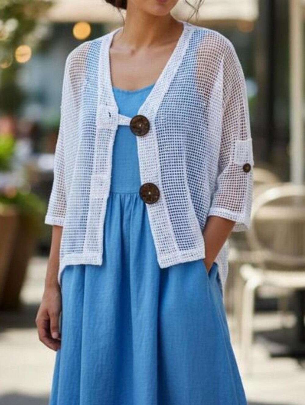 Nina Leonard Neutral Open-Weave Coconut Button Bolero w/Wooden Buttons